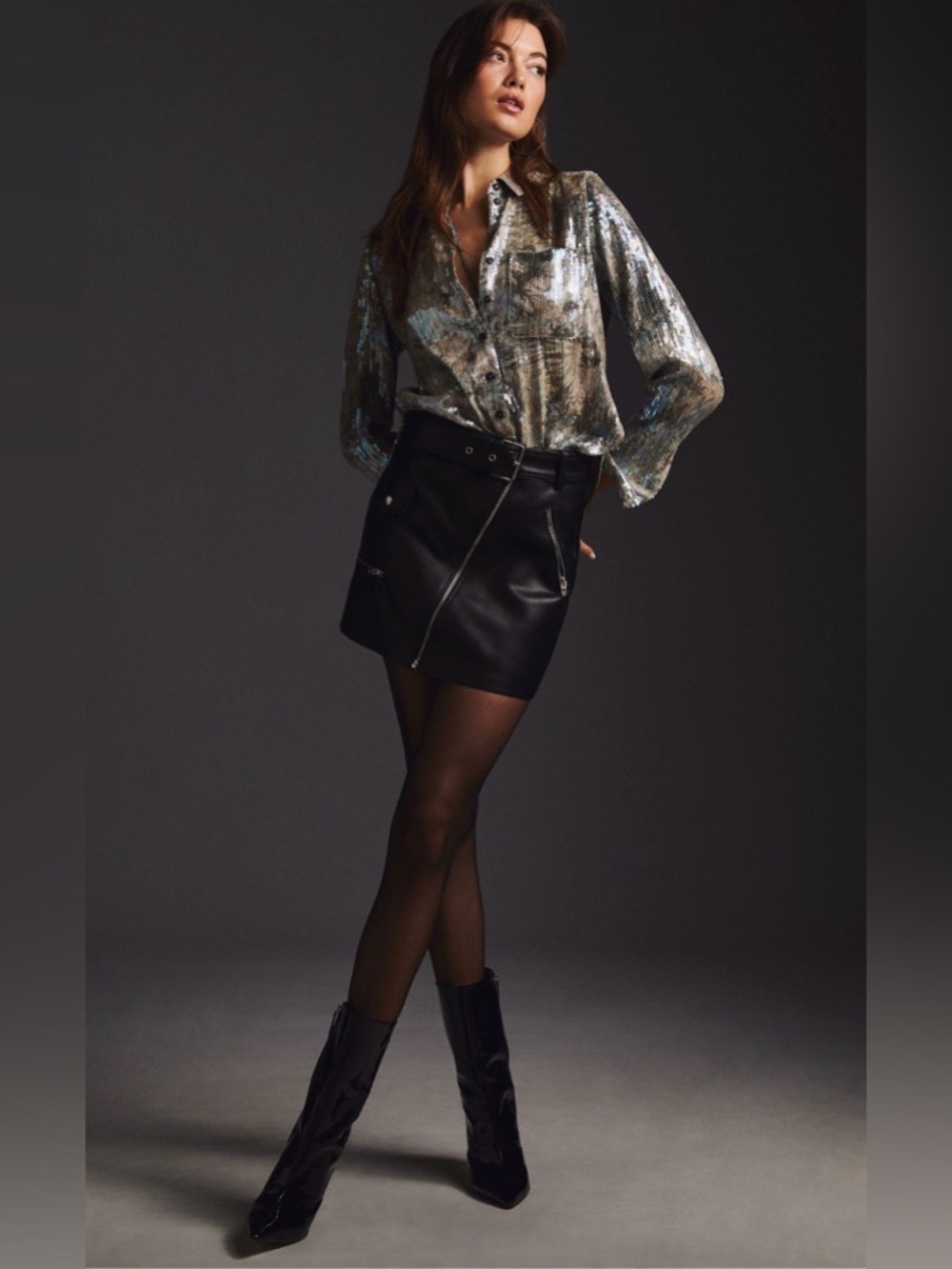 Anthropologie Pilcro Shrunken Sequin Blouse Silver Dark Grey SzMedium